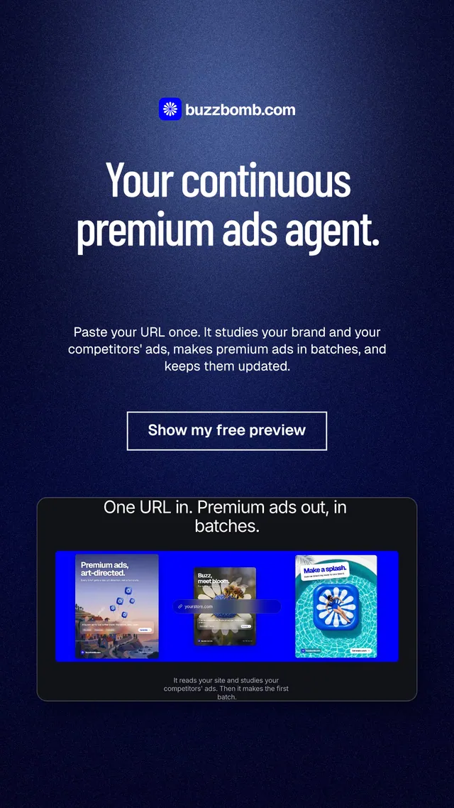 Instagram story for BuzzBomb: "Your continuous premium ads agent." Dark deco style, centred layout, dark palette in blue, black.