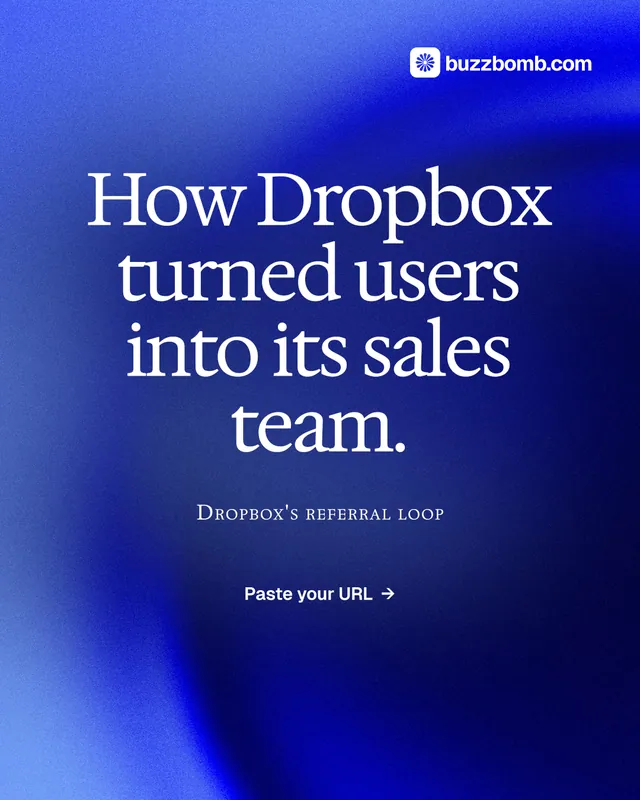 Instagram portrait post for BuzzBomb: "How Dropbox turned users into its sales team." Swiss style, smallcaps layout, dark palette in blue.