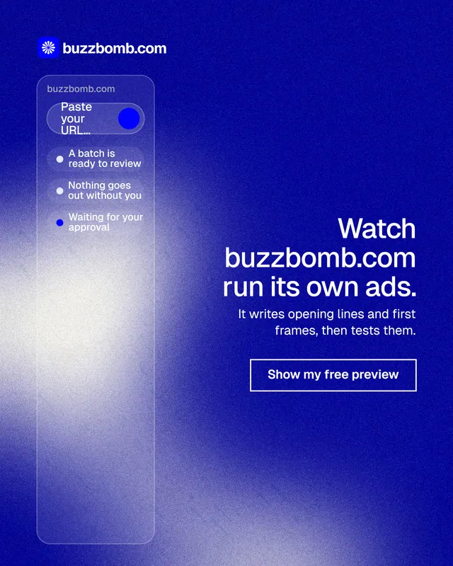 Instagram portrait post for BuzzBomb: "Watch buzzbomb.com run its own ads." Cyanotype style, right layout, dark palette in blue.