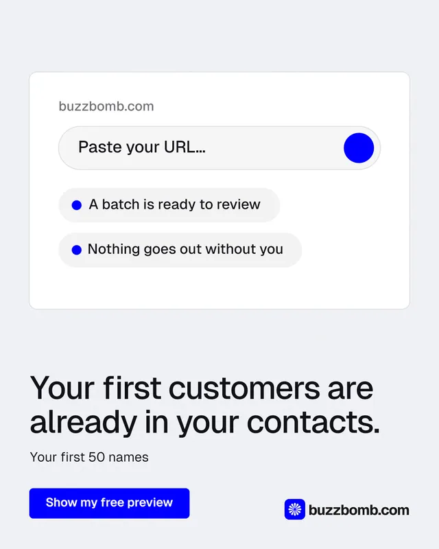 Instagram portrait post for BuzzBomb: "Your first customers are already in your contacts." Data card style, bottom layout, light palette in white, blue.