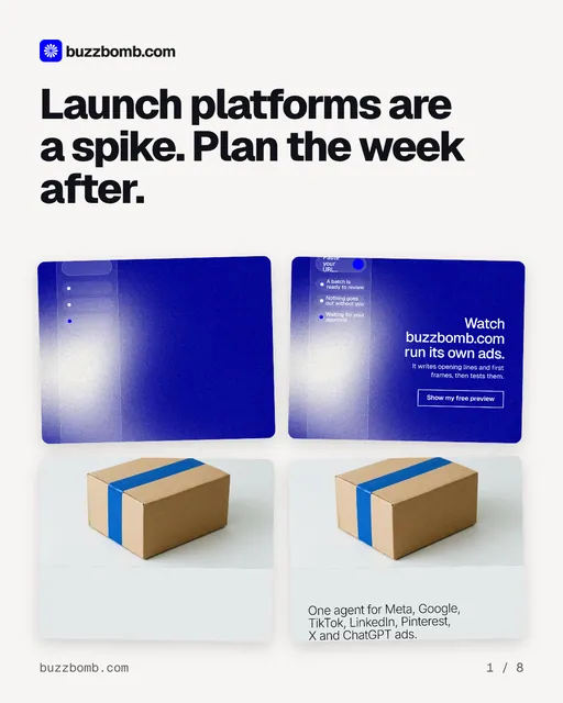 Carousel for BuzzBomb: "Launch platforms are a spike. Plan the week after.". Collection carousel, 8 slides, light palette.