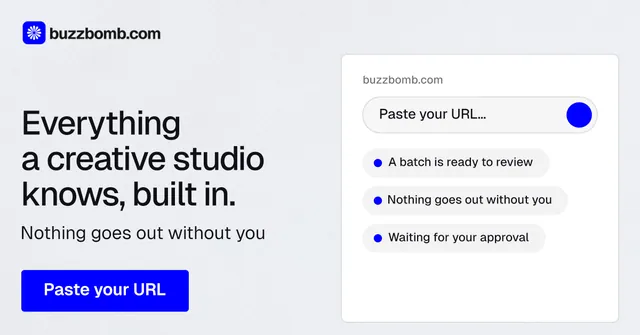 Social ad for BuzzBomb: "Everything a creative studio knows, built in." Data card style, bottom layout, light palette in white, blue.