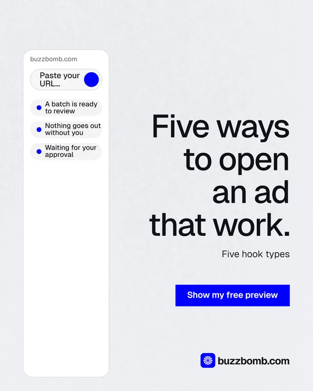 Instagram portrait post for BuzzBomb: "Five ways to open an ad that work." Swiss style, right layout, light palette in white, blue.