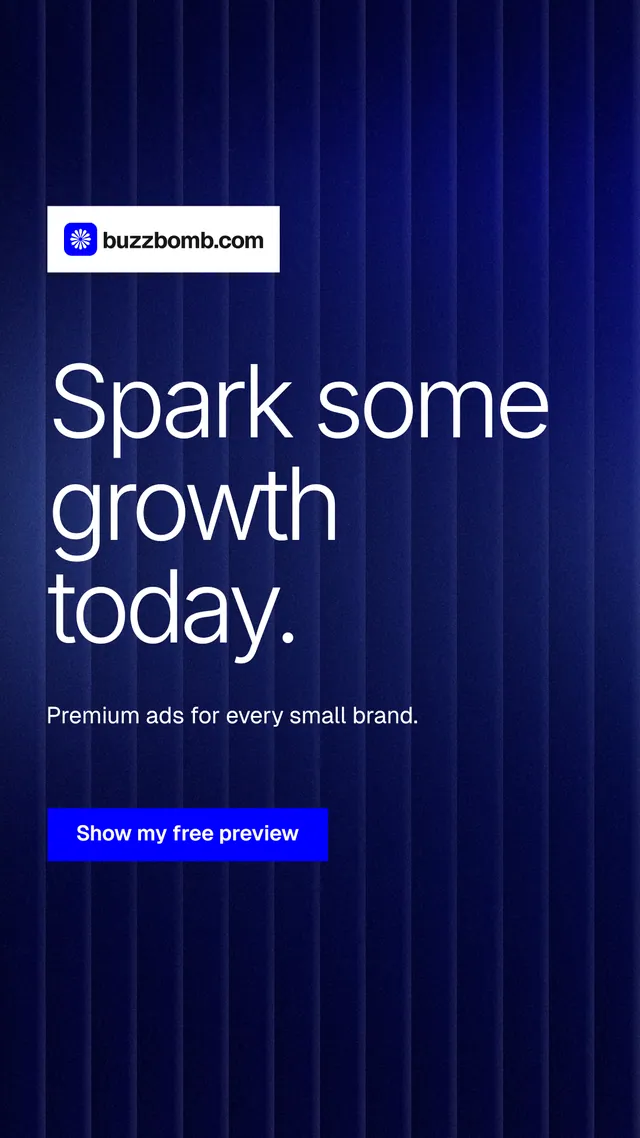 Instagram story for BuzzBomb: "Spark some growth today." Swiss style, announce layout, dark palette in black, blue.