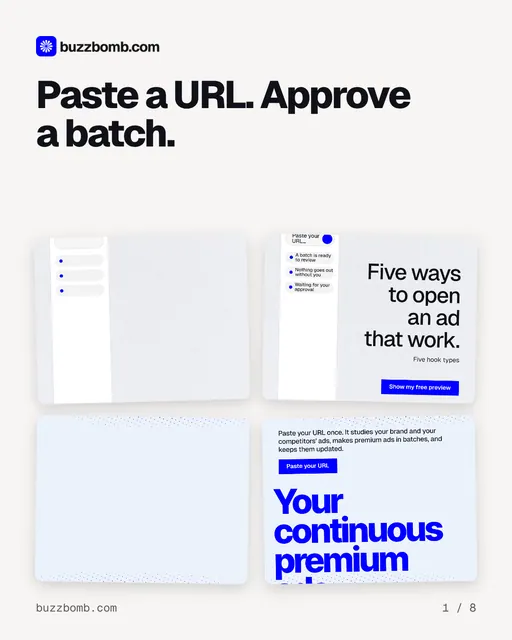 Carousel for BuzzBomb: "Paste a URL. Approve a batch.". Collection carousel, 8 slides, light palette.
