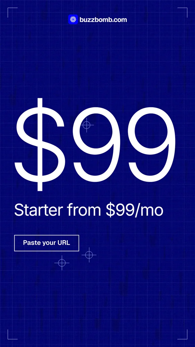 Instagram story for BuzzBomb: "Your continuous premium ads agent." Blueprint style, stat layout, dark palette in blue.