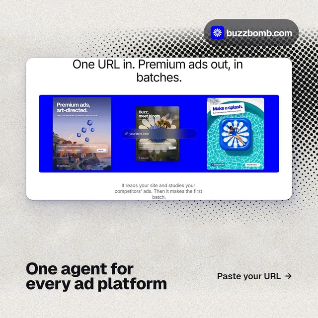 Instagram post for BuzzBomb: "One agent for every ad platform". Ink sticker style, image led layout, light palette in white, blue, grey.