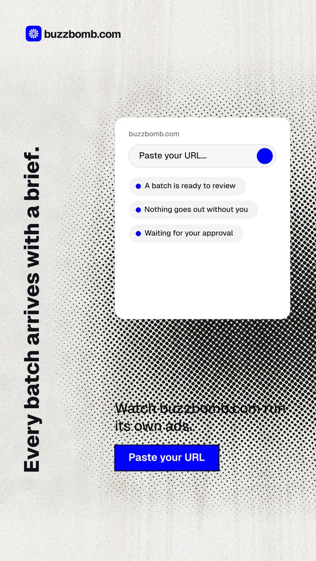 Instagram story for BuzzBomb: "Every batch arrives with a brief." Ink sticker style, vertical layout, light palette in white, grey.