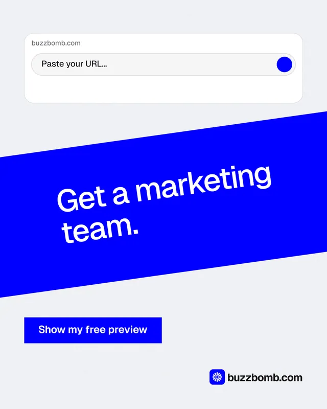 Instagram portrait post for BuzzBomb: "Get a marketing team." Swiss style, diagonal layout, light palette in white, blue.