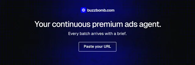 X header for BuzzBomb: "Your continuous premium ads agent." Phosphor atlas style, centred layout, dark palette in black, blue.