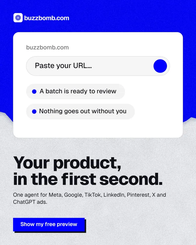 Instagram portrait post for BuzzBomb: "Your product, in the first second." Paper trio style, bottom layout, light palette in white, blue.