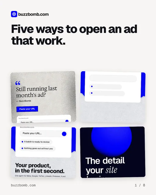Carousel for BuzzBomb: "Five ways to open an ad that work.". Collection carousel, 8 slides, light palette.