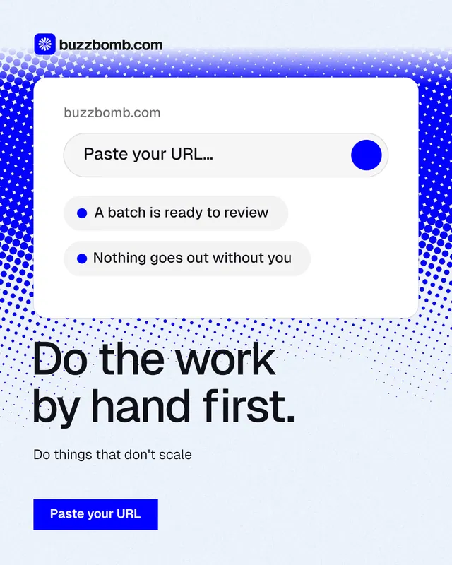 Instagram portrait post for BuzzBomb: "Do the work by hand first." Swiss style, bottom layout, light palette in white, blue.
