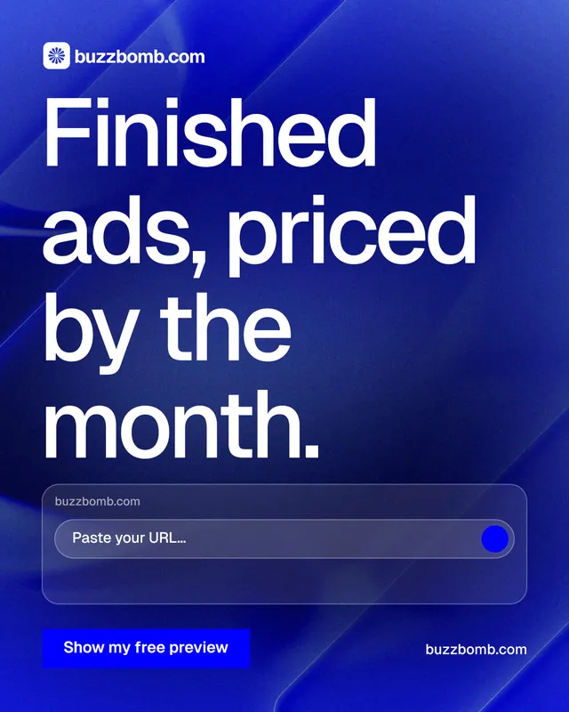 Instagram portrait post for BuzzBomb: "Finished ads, priced by the month." Swiss style, poster layout, dark palette in blue.