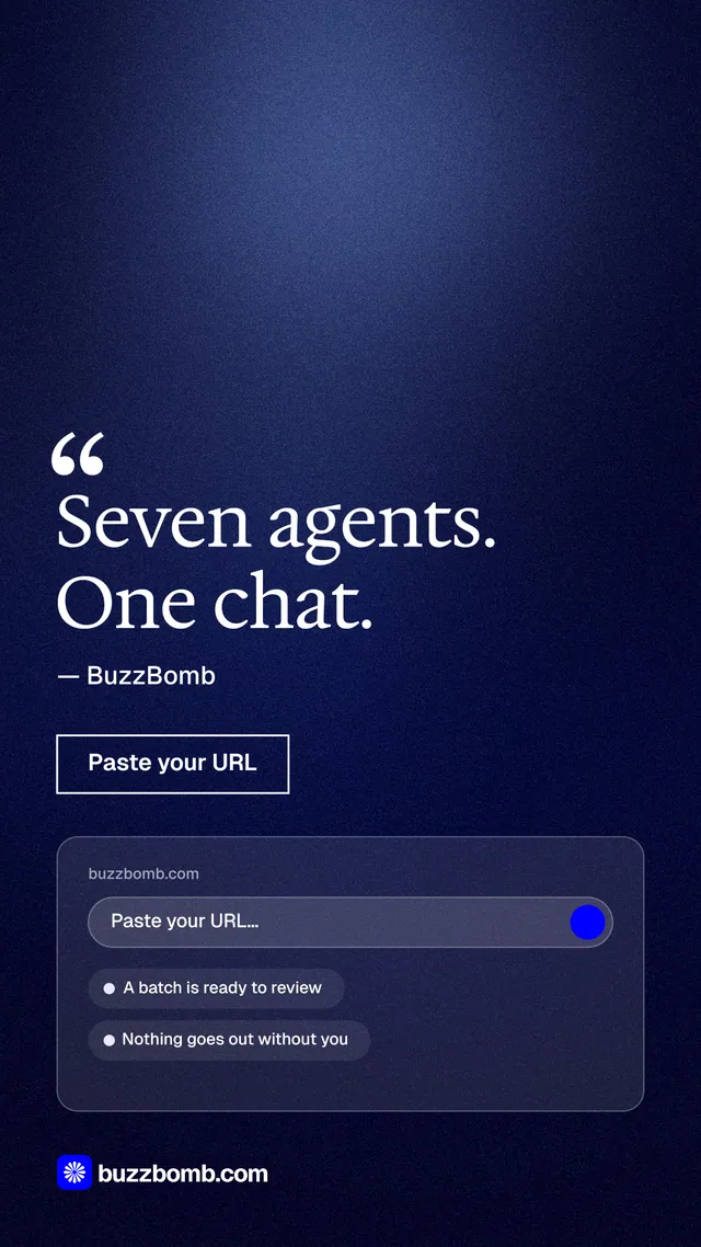 Instagram story for BuzzBomb: "Seven agents. One chat." Dark deco style, quote layout, dark palette in blue, black.