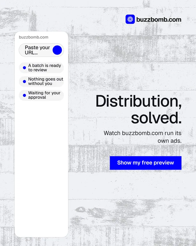 Instagram portrait post for BuzzBomb: "Distribution, solved." Swiss style, right layout, light palette in white, blue.