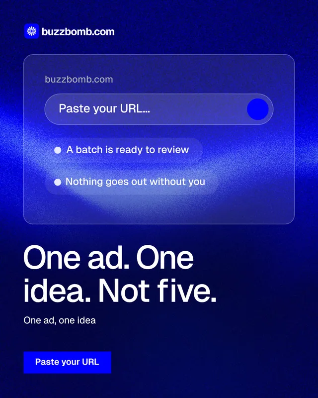 Instagram portrait post for BuzzBomb: "One ad. One idea. Not five." Swiss style, bottom layout, dark palette in blue.