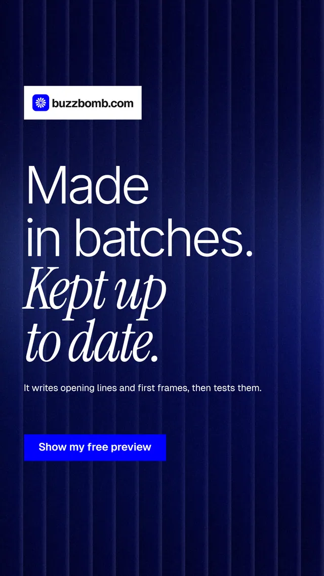 Instagram story for BuzzBomb: "Made in batches. Kept up to date." Swiss style, announce layout, dark palette in black, blue, grey.
