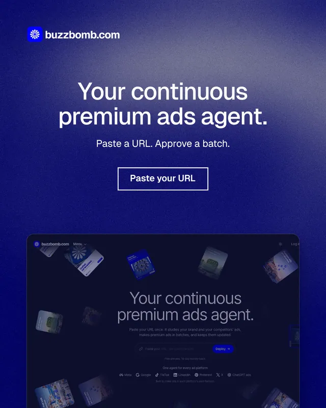 Instagram portrait post for BuzzBomb: "Your continuous premium ads agent." Cyanotype style, centred layout, dark palette in black, blue, grey.