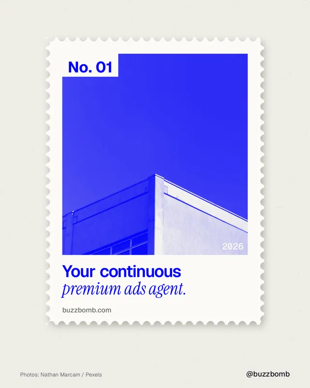 Instagram portrait post for BuzzBomb: "Your continuous premium ads agent." Single style, technique:stamp series layout, light palette in yellow, blue, white.