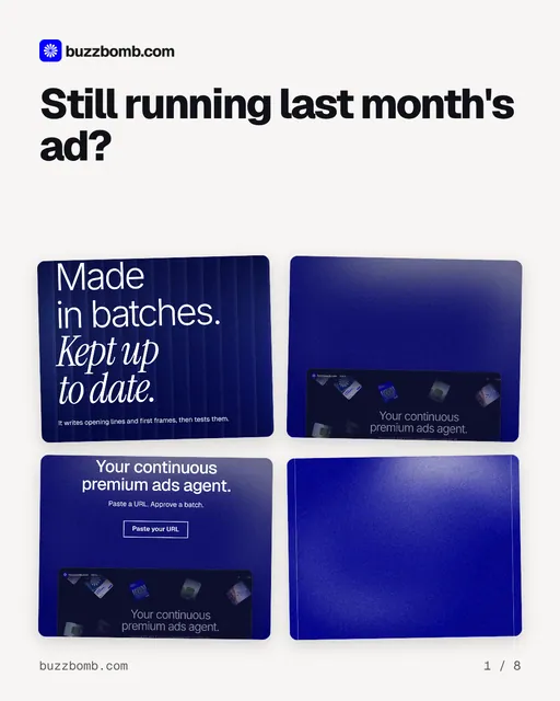 Carousel for BuzzBomb: "Still running last month's ad?". Collection carousel, 8 slides, light palette.