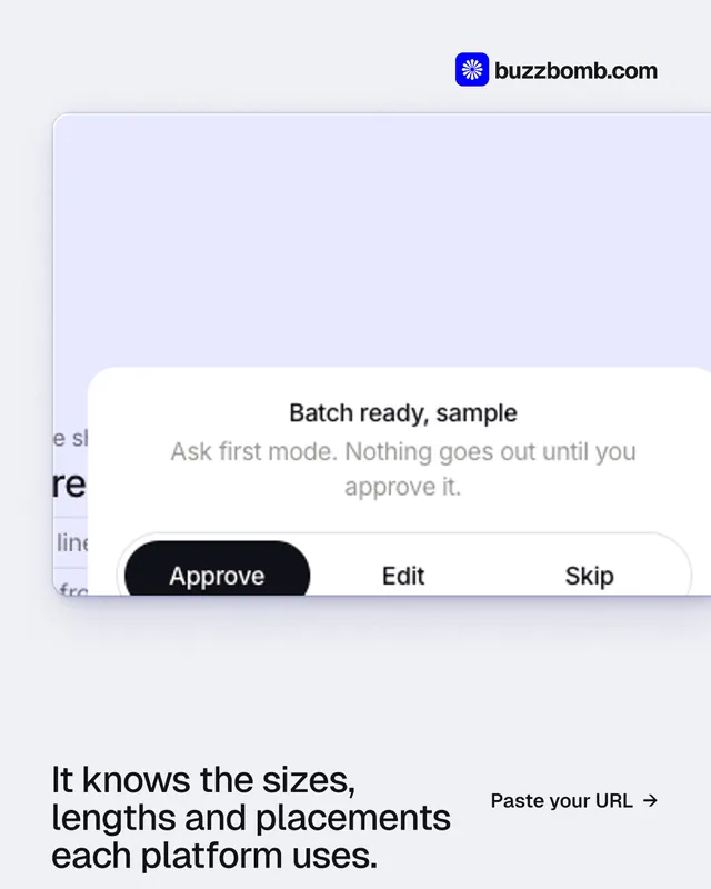 Instagram portrait post for BuzzBomb: "It knows the sizes, lengths and placements each platform uses." Swiss style, image led layout, light palette in white, grey.