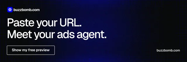 X header for BuzzBomb: "Paste your URL. Meet your ads agent." Phosphor atlas style, poster layout, dark palette in black, blue, grey.