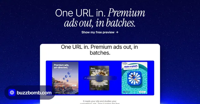 Social ad for BuzzBomb: "One URL in. Premium ads out, in batches." Swiss style, ogui layout, dark palette in blue, white.