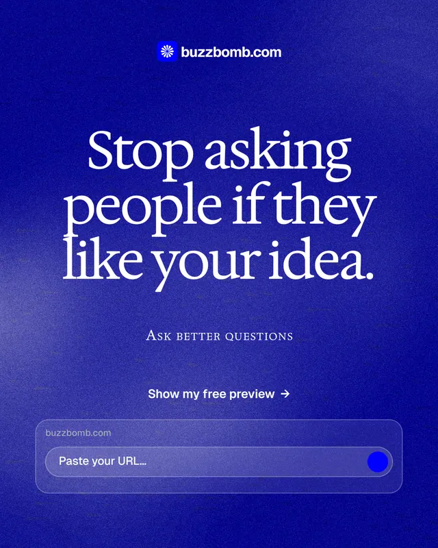 Instagram portrait post for BuzzBomb: "Stop asking people if they like your idea." Cyanotype style, smallcaps layout, dark palette in blue.
