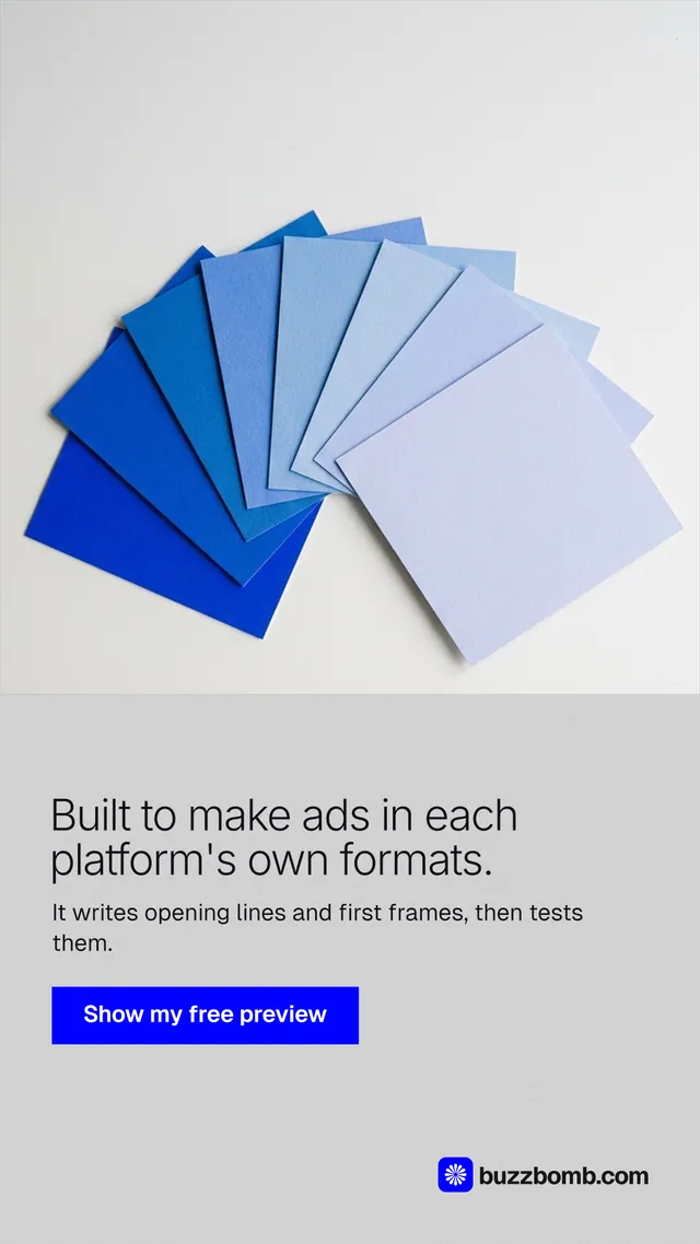 Instagram story for BuzzBomb: "Built to make ads in each platform's own formats." Swiss style, bottom layout, light palette in white, blue.