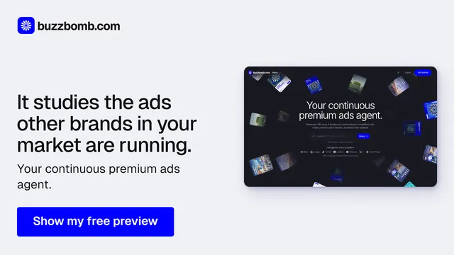 Landscape graphic for BuzzBomb: "It studies the ads other brands in your market are running." Data card style, bottom layout, light palette in white, blue, grey.