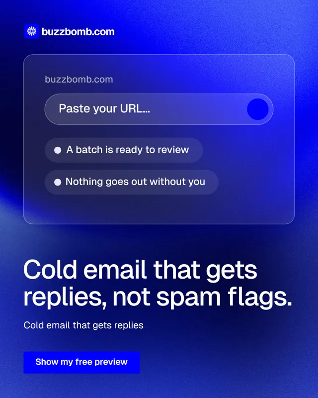 Instagram portrait post for BuzzBomb: "Cold email that gets replies, not spam flags." Swiss style, bottom layout, dark palette in blue.