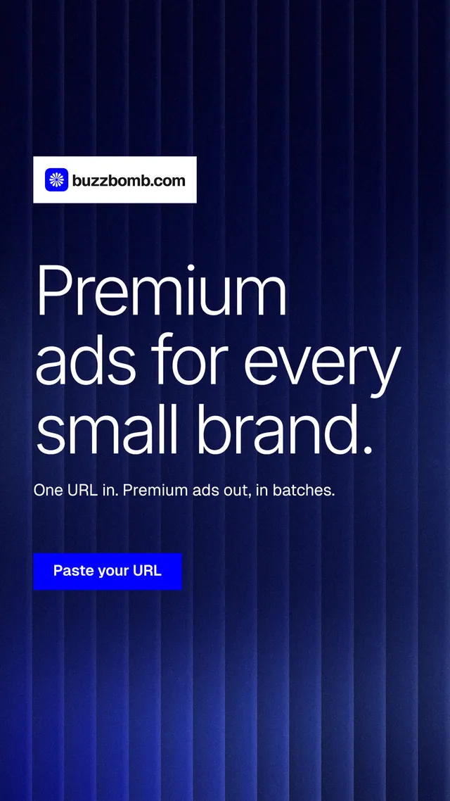 Instagram story for BuzzBomb: "Premium ads for every small brand." Swiss style, announce layout, dark palette in black, blue, grey.