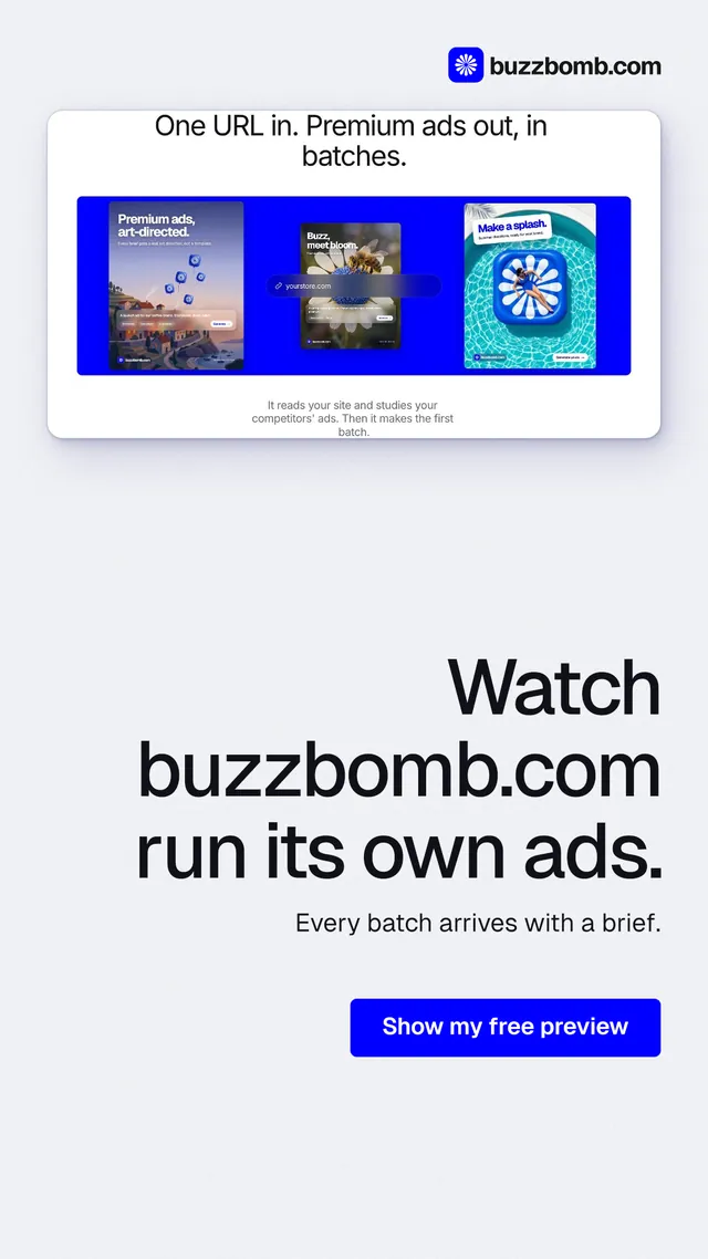 Instagram story for BuzzBomb: "Watch buzzbomb.com run its own ads." Data card style, right layout, light palette in white, blue.