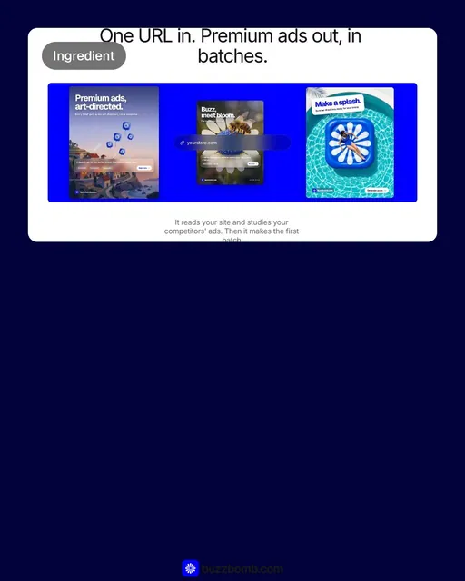 Video for BuzzBomb: "One URL in. Premium ads out, in batches.". Before after wipe, 6.0 s, dark palette.