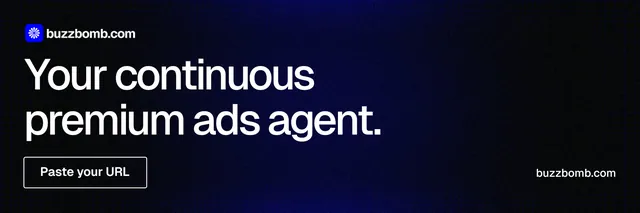 X header for BuzzBomb: "Your continuous premium ads agent." Phosphor atlas style, poster layout, dark palette in black, grey.