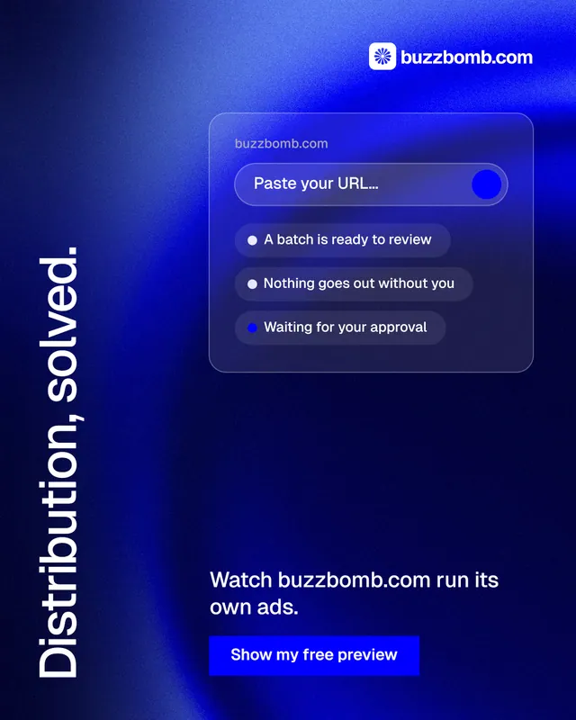 Instagram portrait post for BuzzBomb: "Distribution, solved." Swiss style, vertical layout, dark palette in blue.