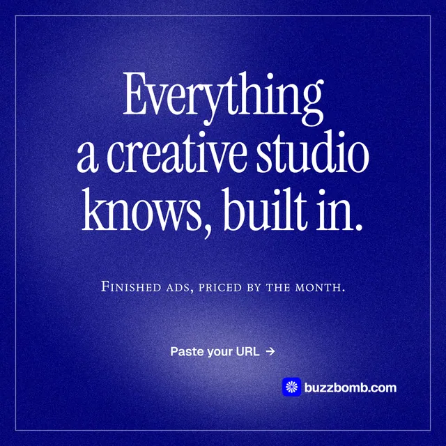 Instagram post for BuzzBomb: "Everything a creative studio knows, built in." Editorial style, smallcaps layout, dark palette in blue.