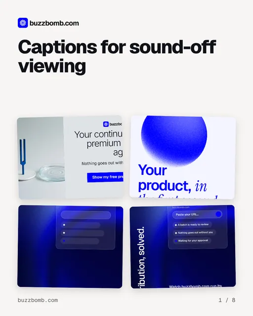 Carousel for BuzzBomb: "Captions for sound-off viewing". Collection carousel, 8 slides, light palette.