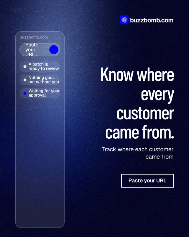 Instagram portrait post for BuzzBomb: "Know where every customer came from." Dark deco style, right layout, dark palette in blue, black.