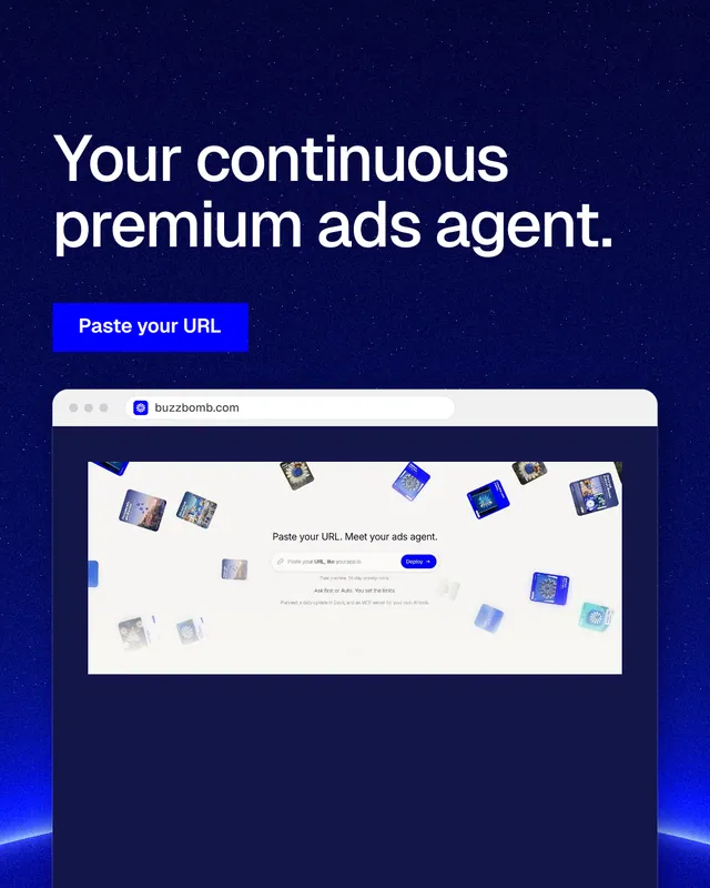 Instagram portrait post for BuzzBomb: "Your continuous premium ads agent." Swiss style, browser layout, dark palette in blue, white, grey.