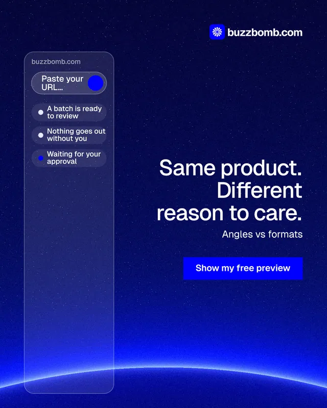 Instagram portrait post for BuzzBomb: "Same product. Different reason to care." Swiss style, right layout, dark palette in blue.