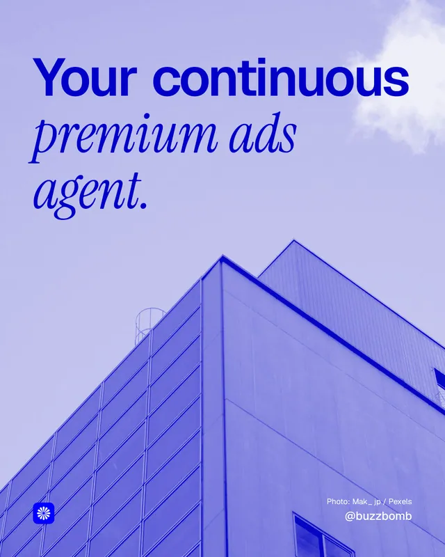 Instagram portrait post for BuzzBomb: "Your continuous premium ads agent." Duotone style, technique:pexels ingredient layout, light palette in blue.