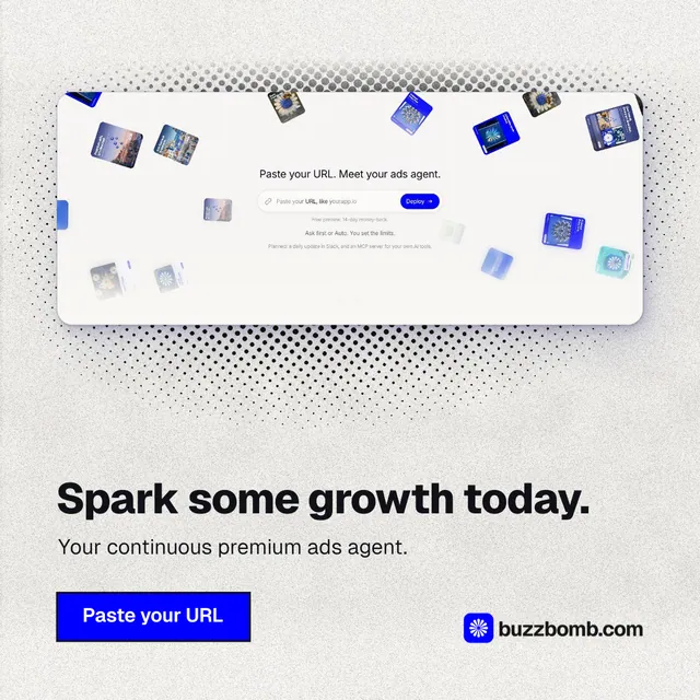 Instagram post for BuzzBomb: "Spark some growth today." Ink sticker style, bottom layout, light palette in white, grey.