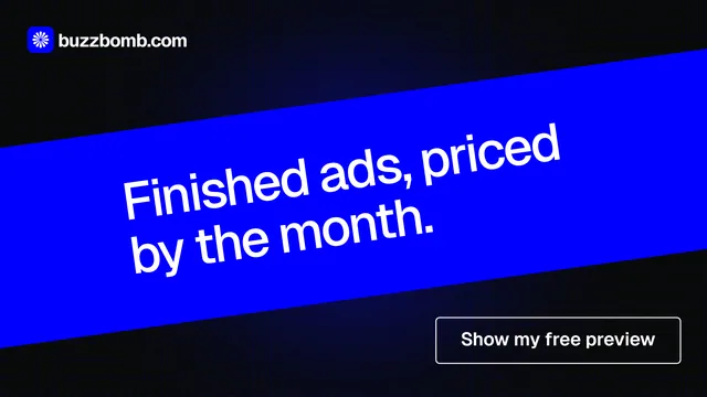 Landscape graphic for BuzzBomb: "Finished ads, priced by the month." Phosphor atlas style, diagonal layout, dark palette in black, blue.