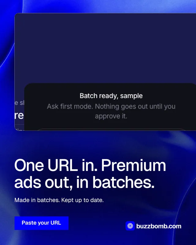 Instagram portrait post for BuzzBomb: "One URL in. Premium ads out, in batches." Swiss style, bottom layout, dark palette in blue.