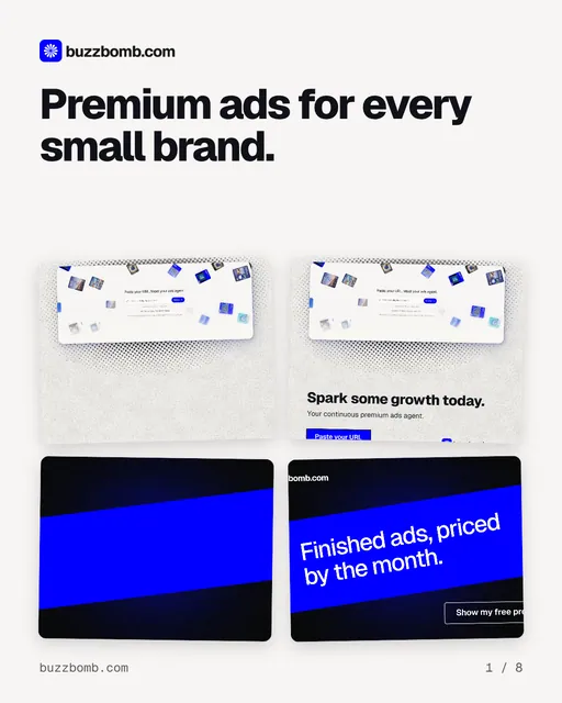 Carousel for BuzzBomb: "Premium ads for every small brand.". Collection carousel, 8 slides, light palette.