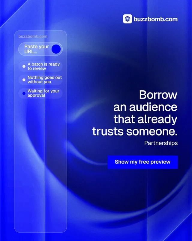 Instagram portrait post for BuzzBomb: "Borrow an audience that already trusts someone." Swiss style, right layout, dark palette in blue.