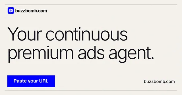 Social ad for BuzzBomb: "Your continuous premium ads agent." Swiss style, poster layout, light palette in white, grey.