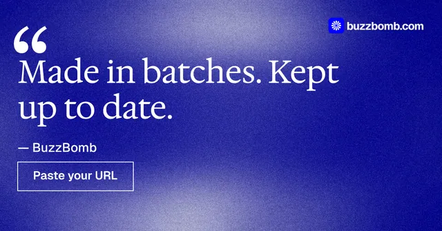 Social ad for BuzzBomb: "Made in batches. Kept up to date." Cyanotype style, quote layout, dark palette in blue.